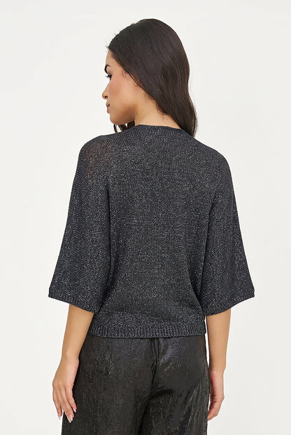 Women's Lurex Open Knit Cardigan, 3/4 Sleeves & Self-Tie Front