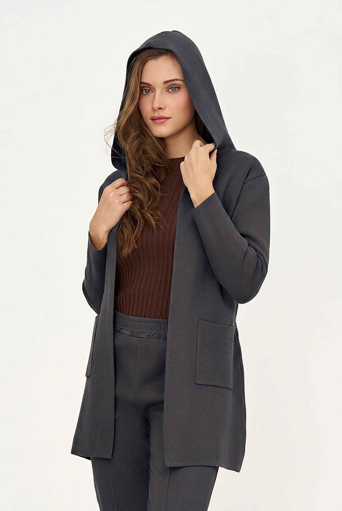 Women's Hooded Cardigan, Long Sleeves, Patch Pockets & Removable Belt