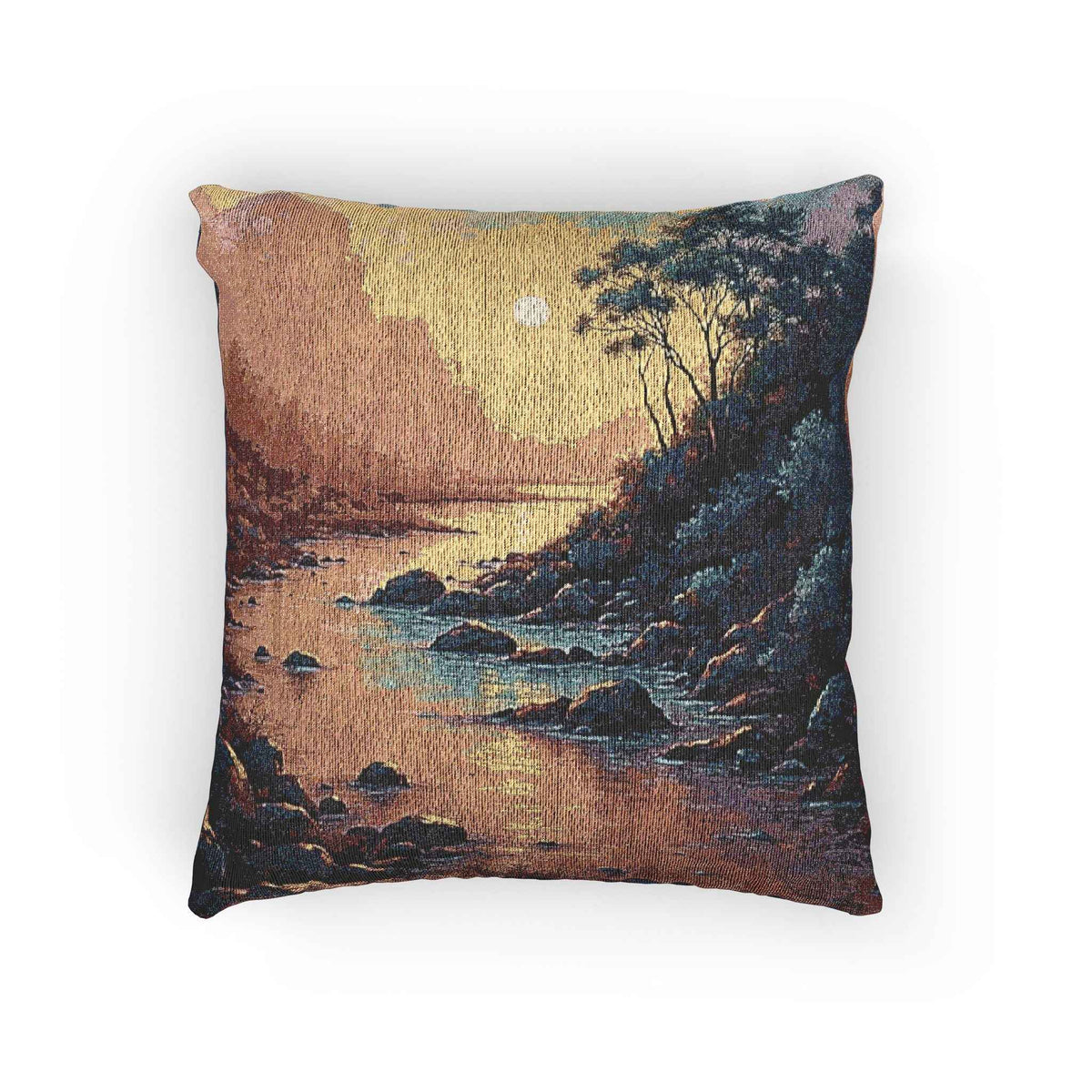 Sunset Cove woven pillow | coastal landscape tapestry throw pillow