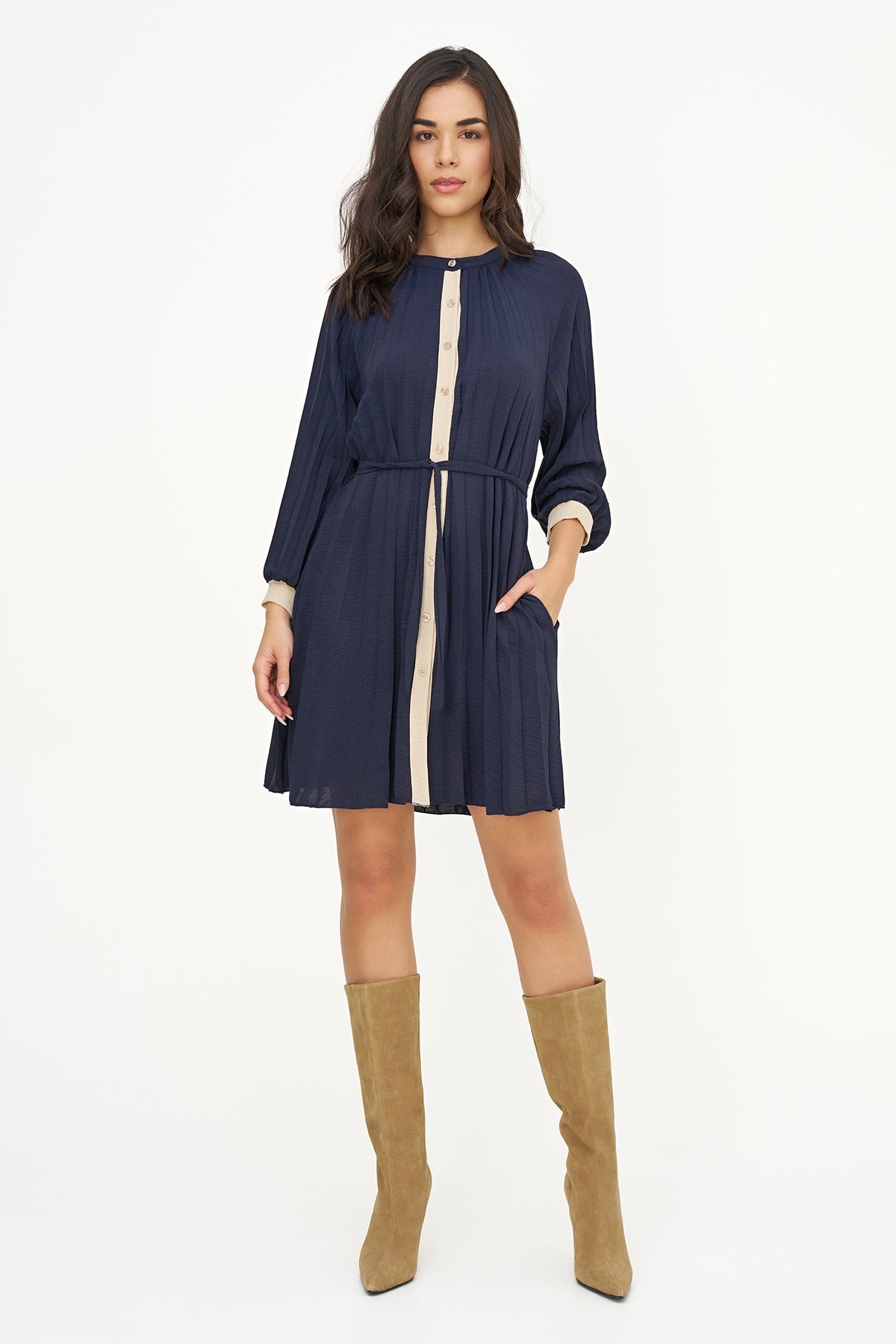 Women's Color-Block Pleated Shirt Dress