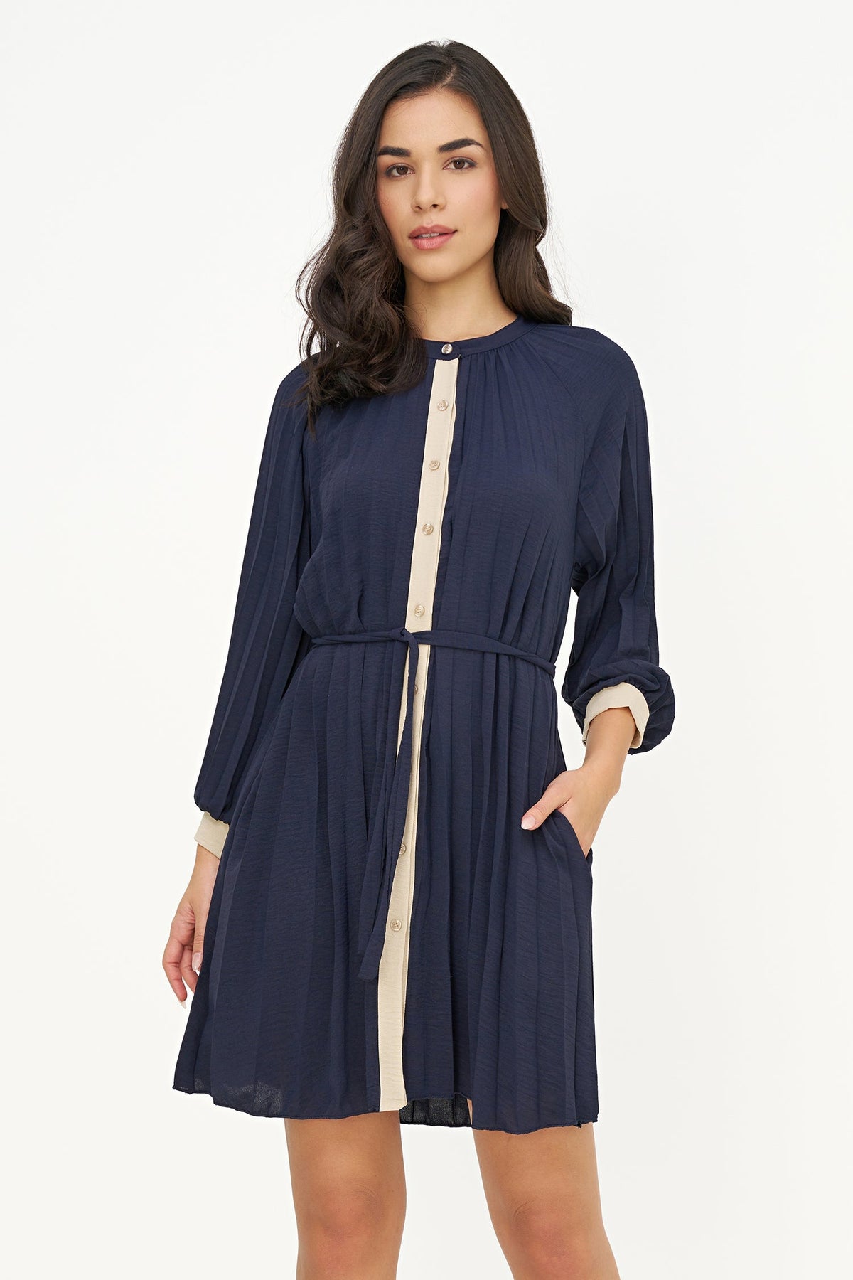 Women's Color-Block Pleated Shirt Dress