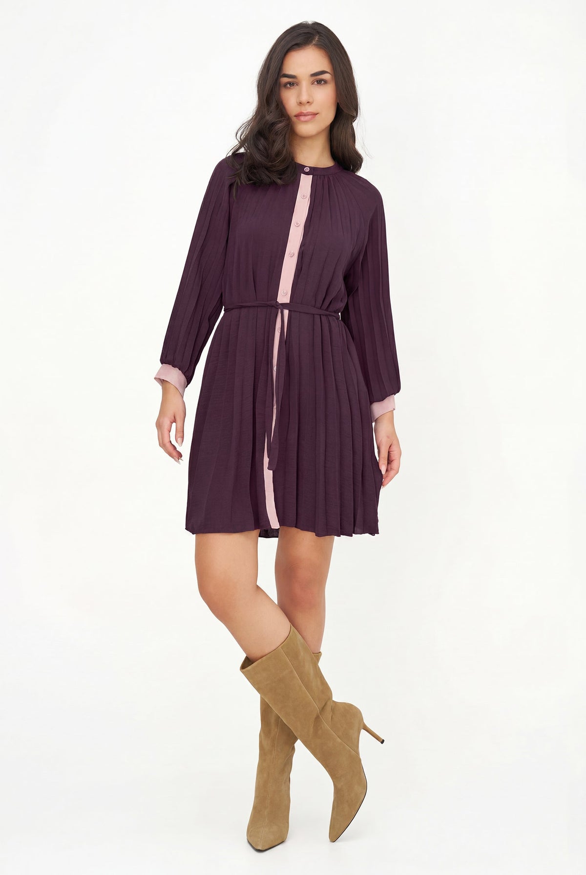 Women's Color-Block Pleated Shirt Dress