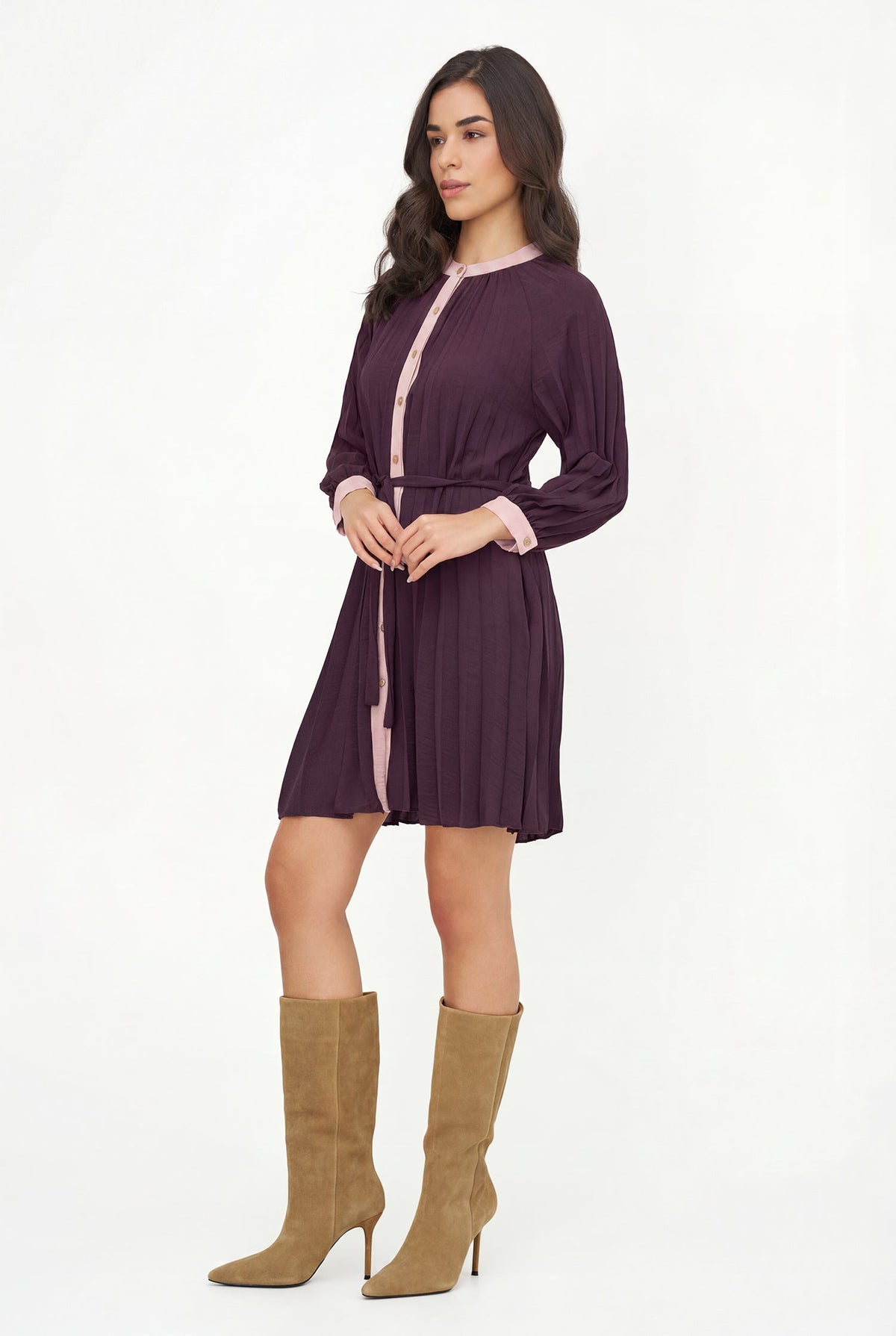 Women's Color-Block Pleated Shirt Dress