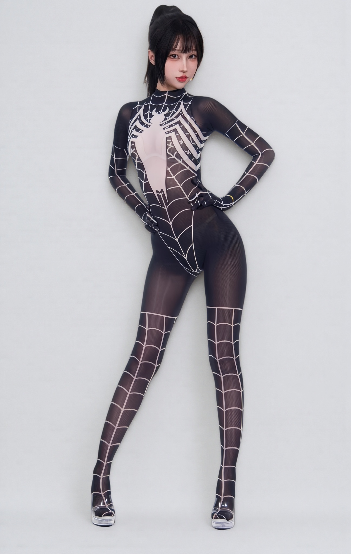 Symbiote Spider Girl Sheer 10D Nylon Full Bodysuit Body Stocking Lingerie