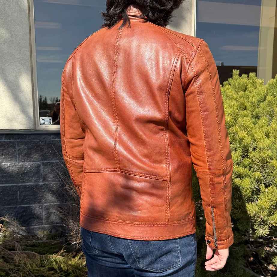 BOL Men’s Zip Pocket Leather Jacket. Sheep Leather Jacket with Fold-Down Collar
