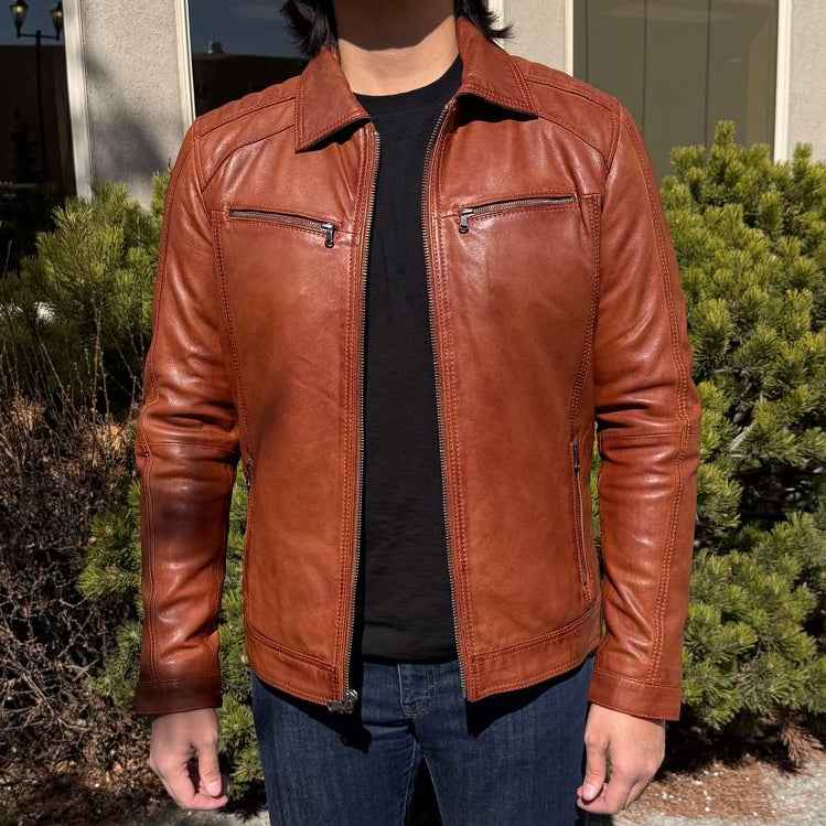 BOL Men’s Zip Pocket Leather Jacket. Sheep Leather Jacket with Fold-Down Collar