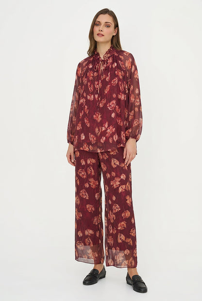 Women's Printed Tie V-Neck Tunic, Ruffled Stand Collar & Long Sleeves