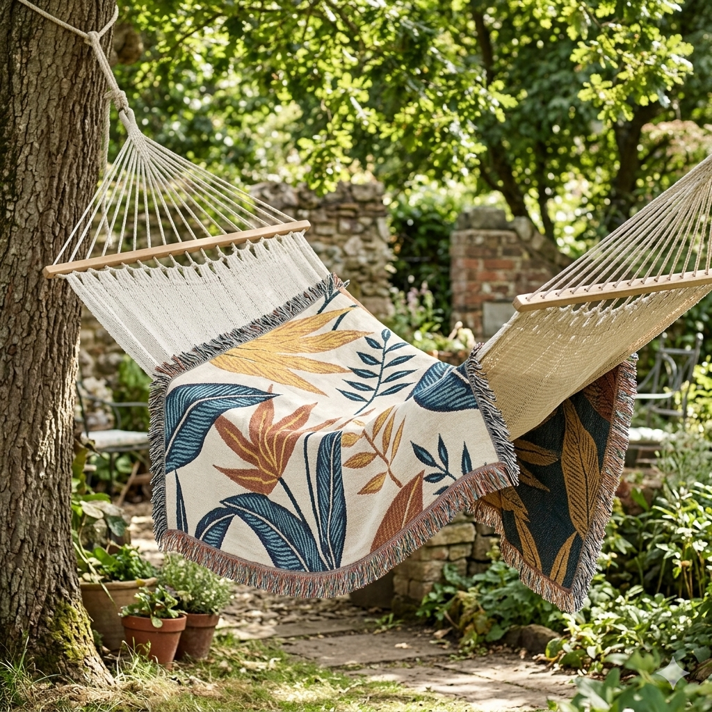 Tropical Leaf Woven Blanket — Boho Botanical Throw for Sofa & Bed