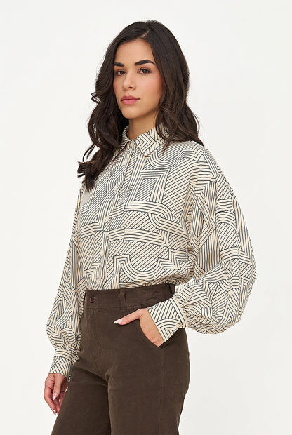 Women's Printed Button-Down Shirt with Long Sleeves Puffed at Cuffs