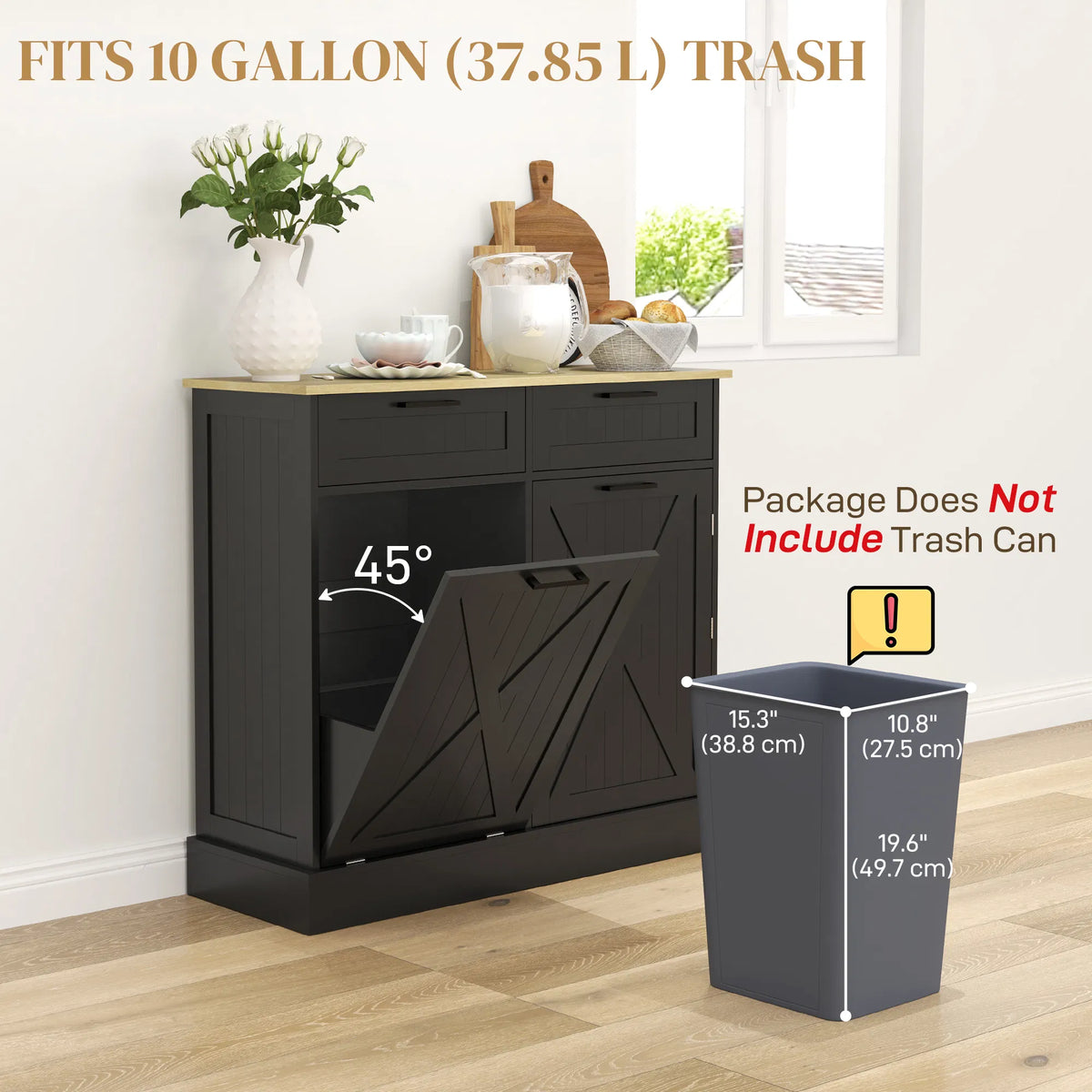 10-Gallon Tilt-Out Trash Cabinet – Hidden Garbage Bin Storage with 2 Drawers (United States & Canada Delivery Only)