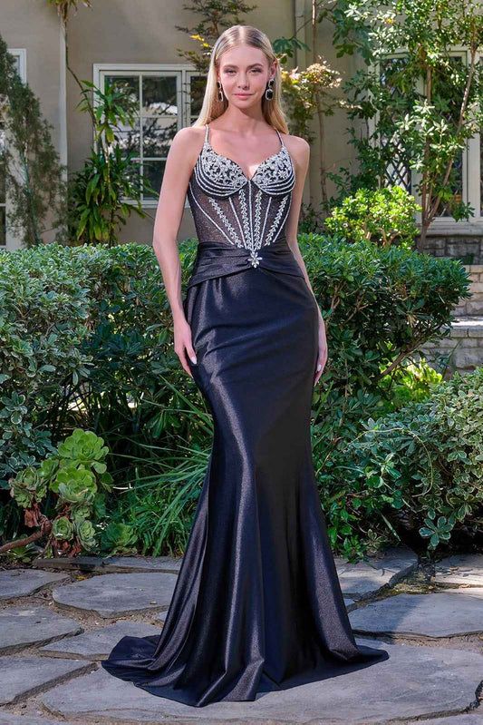 Glitter Mesh Bodice Stretch Satin