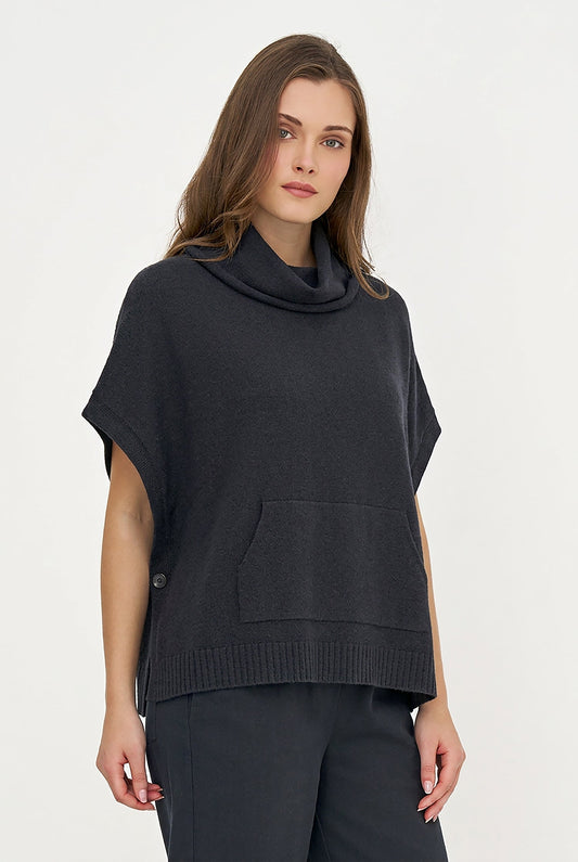 Women's Cowl Turtleneck Poncho with Side Buttons & Kangaroo Pocket