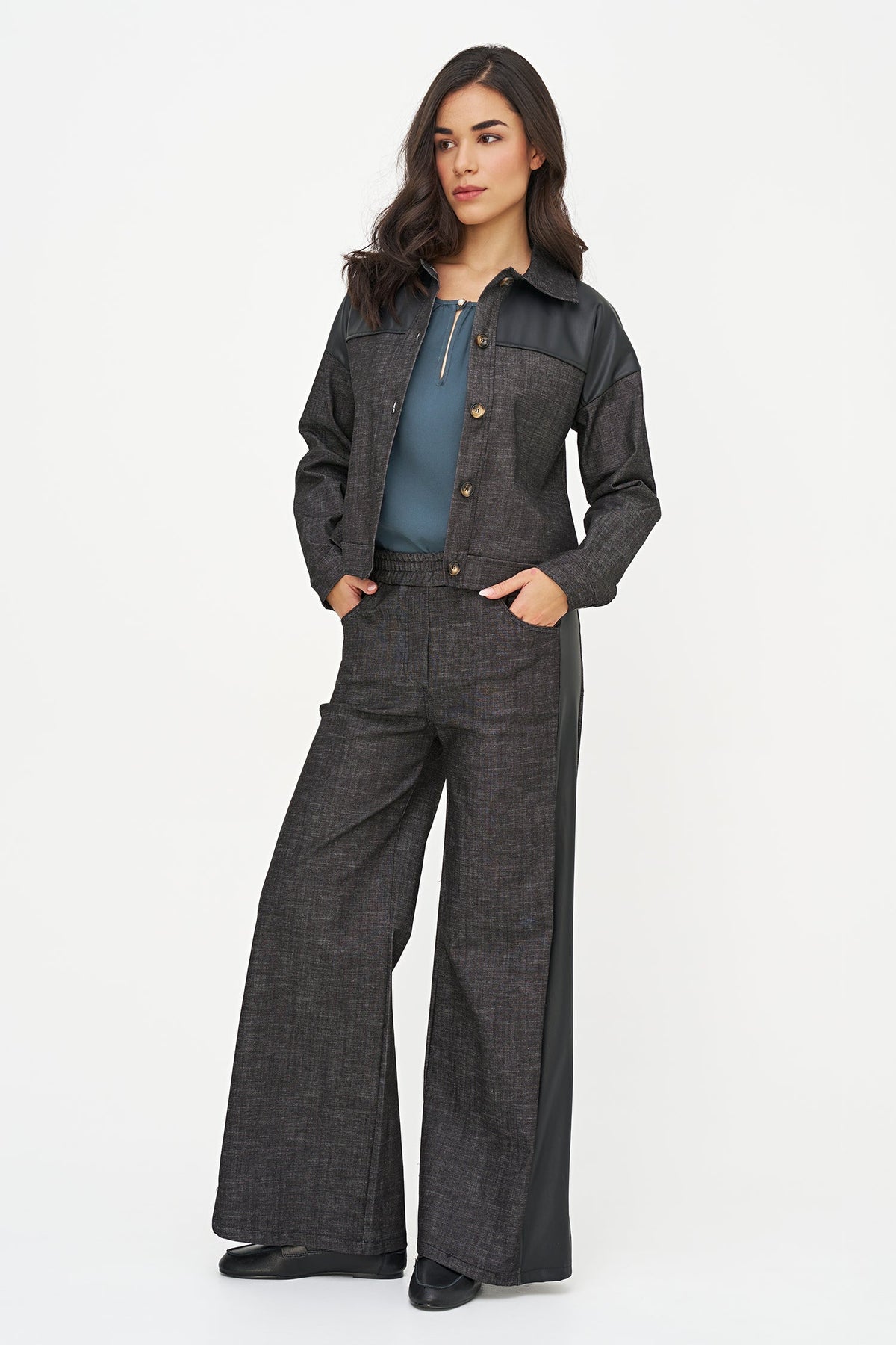 Women's Button-Down Denim Jacket with Faux Leather Yoke Trim