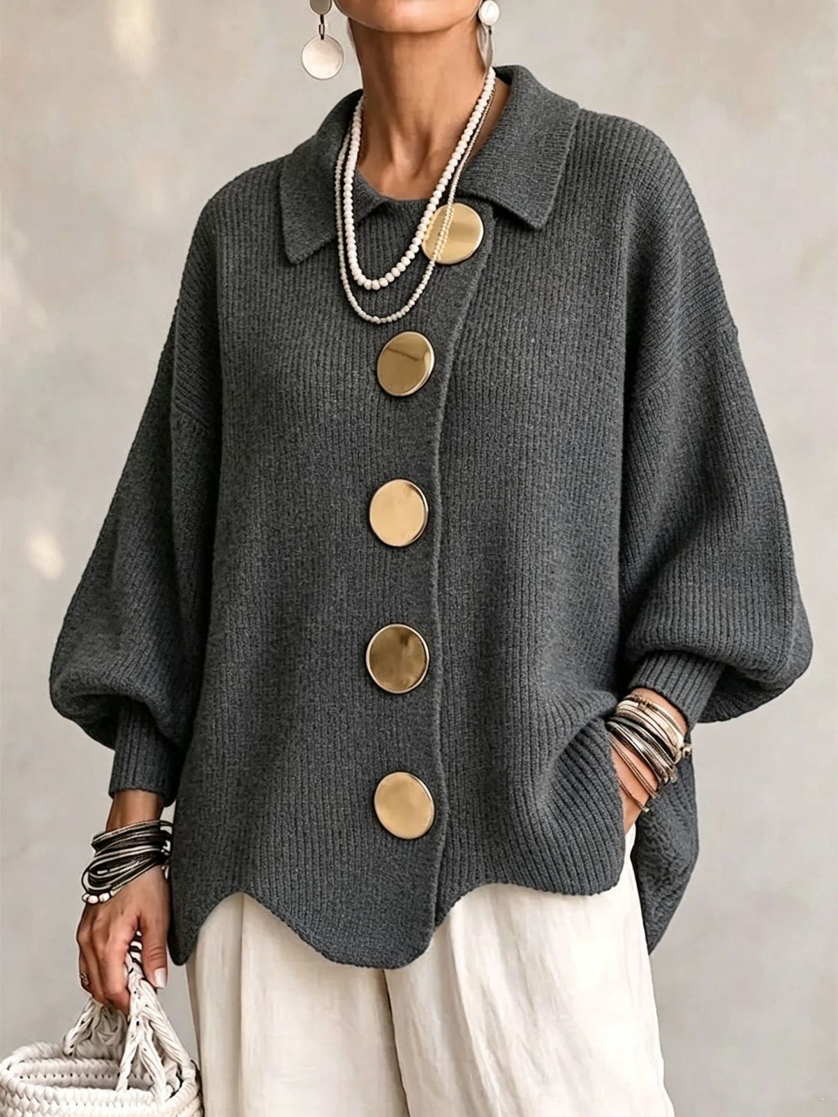 Women's button-down knit cardigan in dark grey with gold buttons