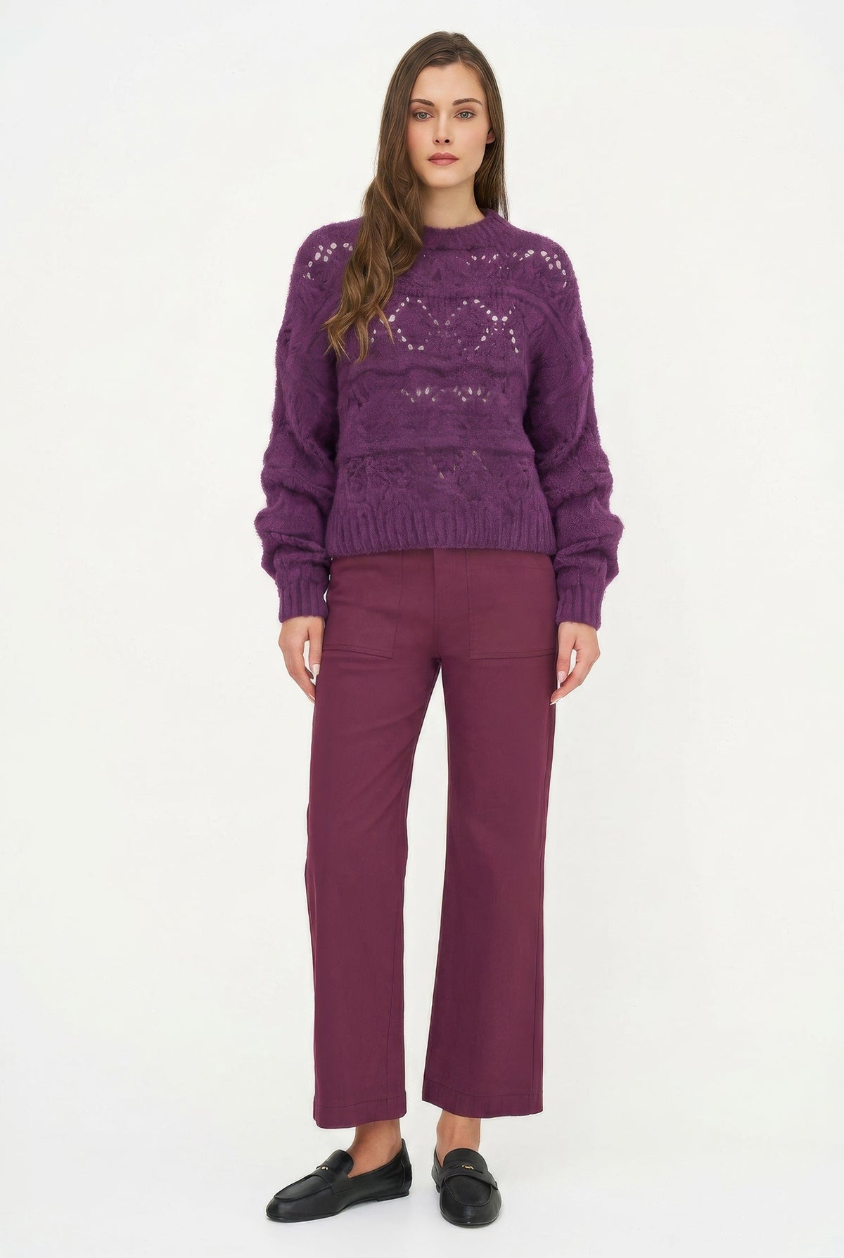 Women's Open-Crochet Crew-Neck Sweater