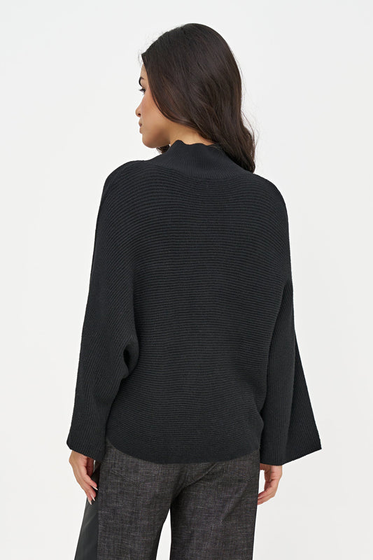 Women's Oversized Rib-Knit Mock-Neck Sweater with Scooped Hem