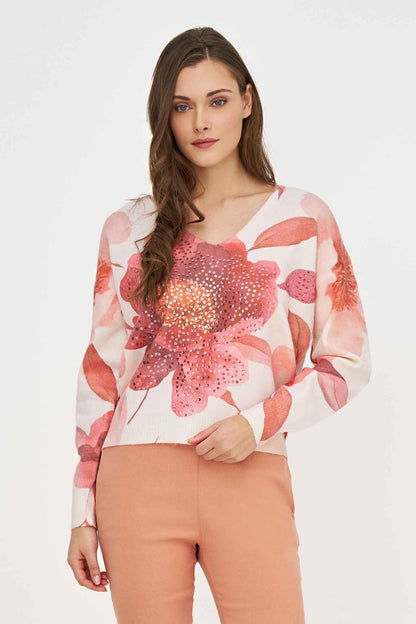 Women's Printed Knit V-Neck Sweater