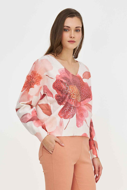 Women's Printed Knit V-Neck Sweater