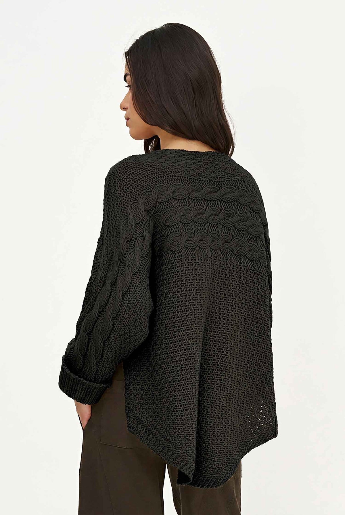 Women's Cable-Knit Scoop-Neck Sweater, Cuffed Sleeves & High-Low Hem