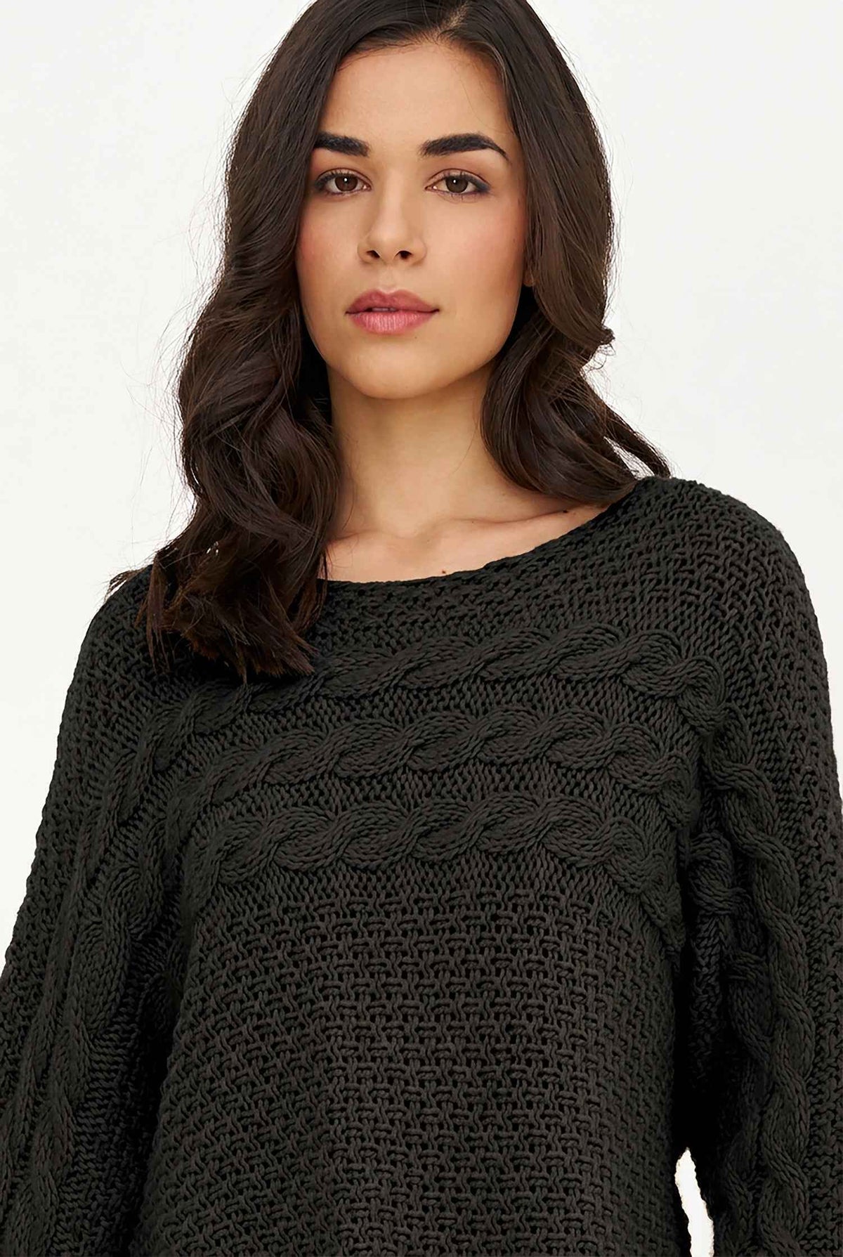 Women's Cable-Knit Scoop-Neck Sweater, Cuffed Sleeves & High-Low Hem