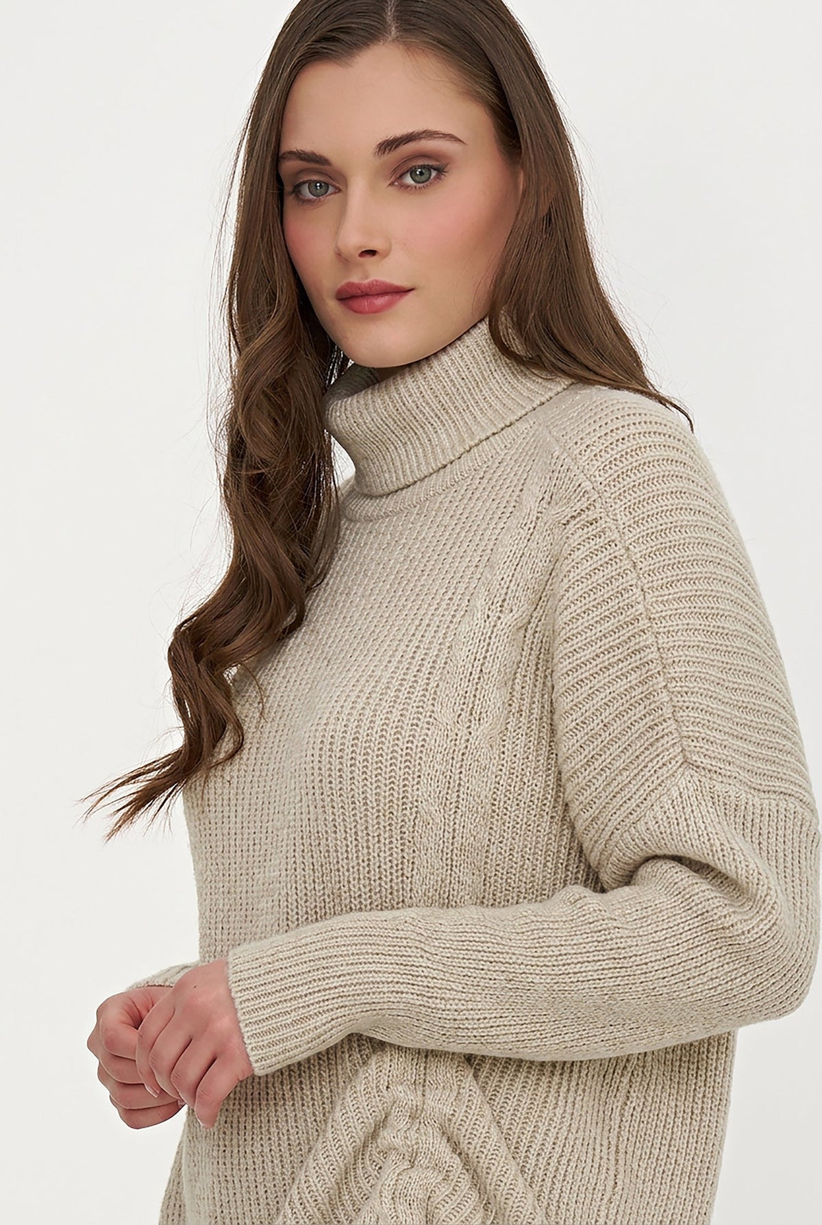Women's Rib-Knit Turtleneck Tunic Sweater with Asymmetric Tie Front