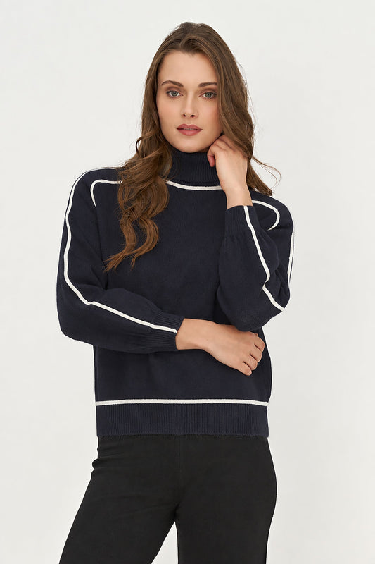 Women's Color-Block Turtleneck Sweater, Long Sleeves & Piping