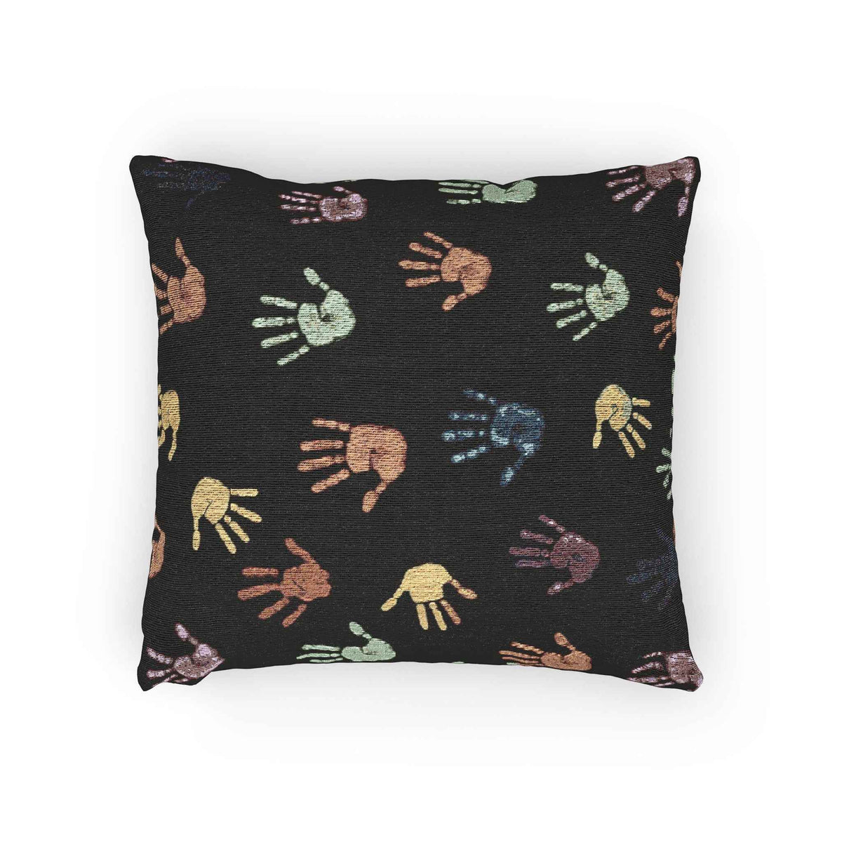 Colorful Handprint Pattern Pillow | Multicolor Hands on Black Throw Pillow
