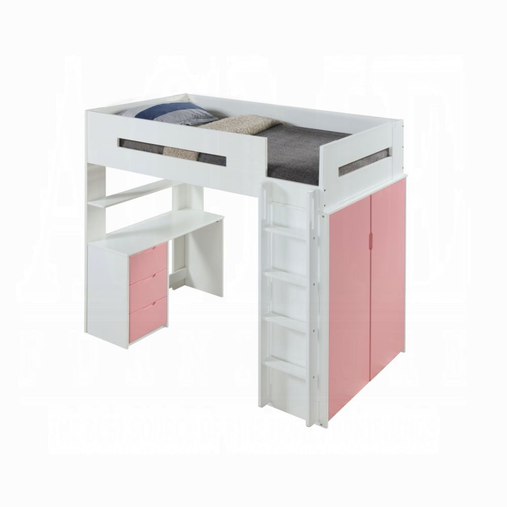 Lilo Twin Bunk/Loft Bed W/Workstation & Wardrobe - White/Pink
