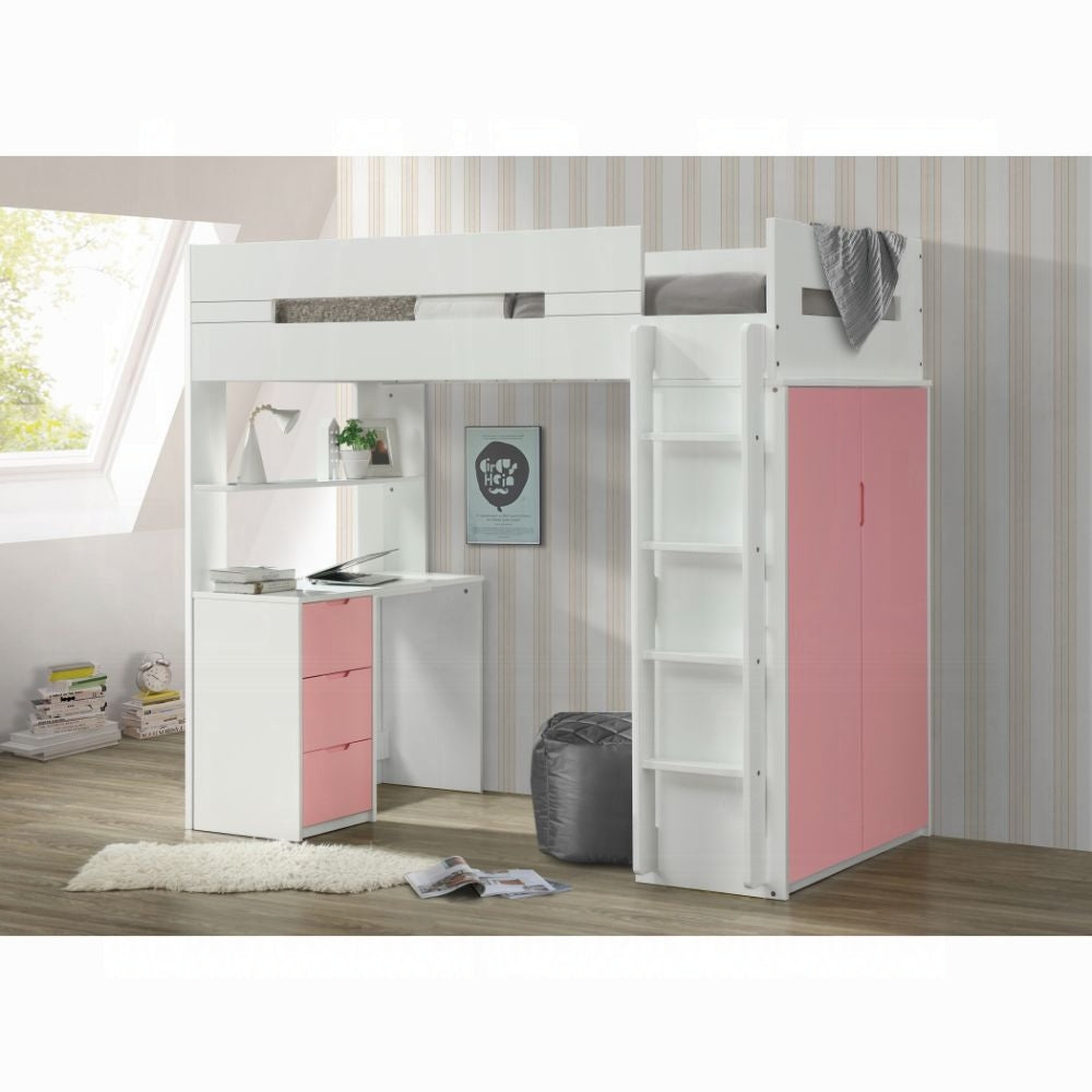 Lilo Twin Bunk/Loft Bed W/Workstation & Wardrobe - White/Pink