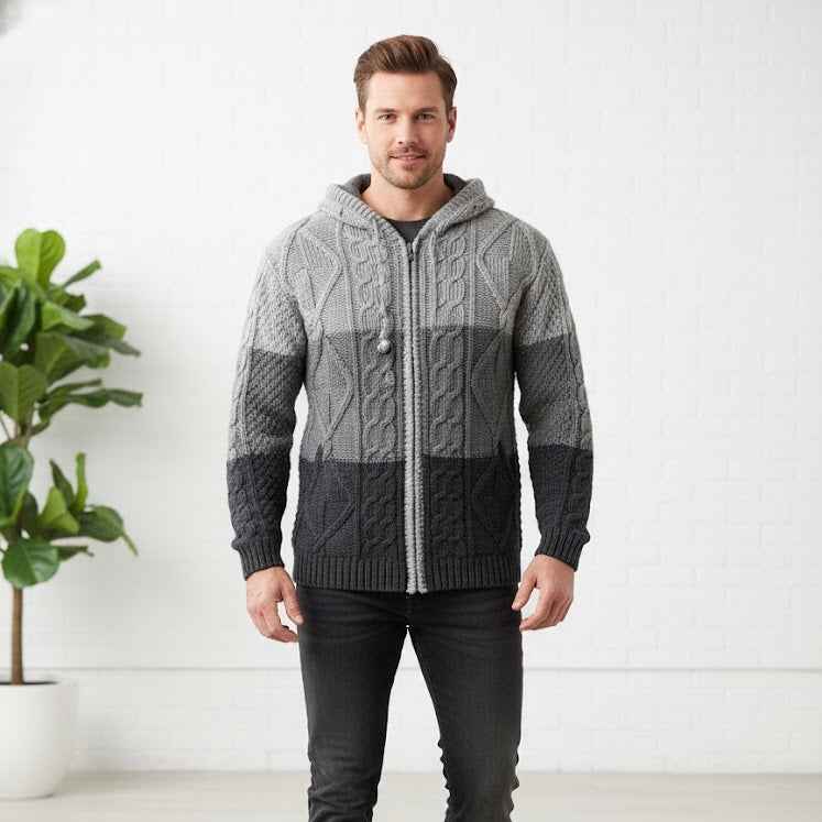 Grey and Black Cayambe Alpaca Cable Knit Sweater