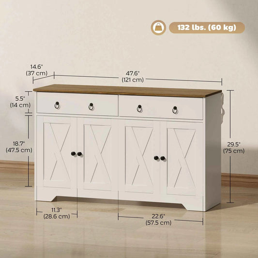 White Kitchen Sideboard Cabinet – 2 Drawers, 4 Barn Doors & Adjustable Shelves (United States & Canada Delivery Only)