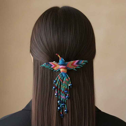Pink white blue Hummingbird Barrette with Fringes