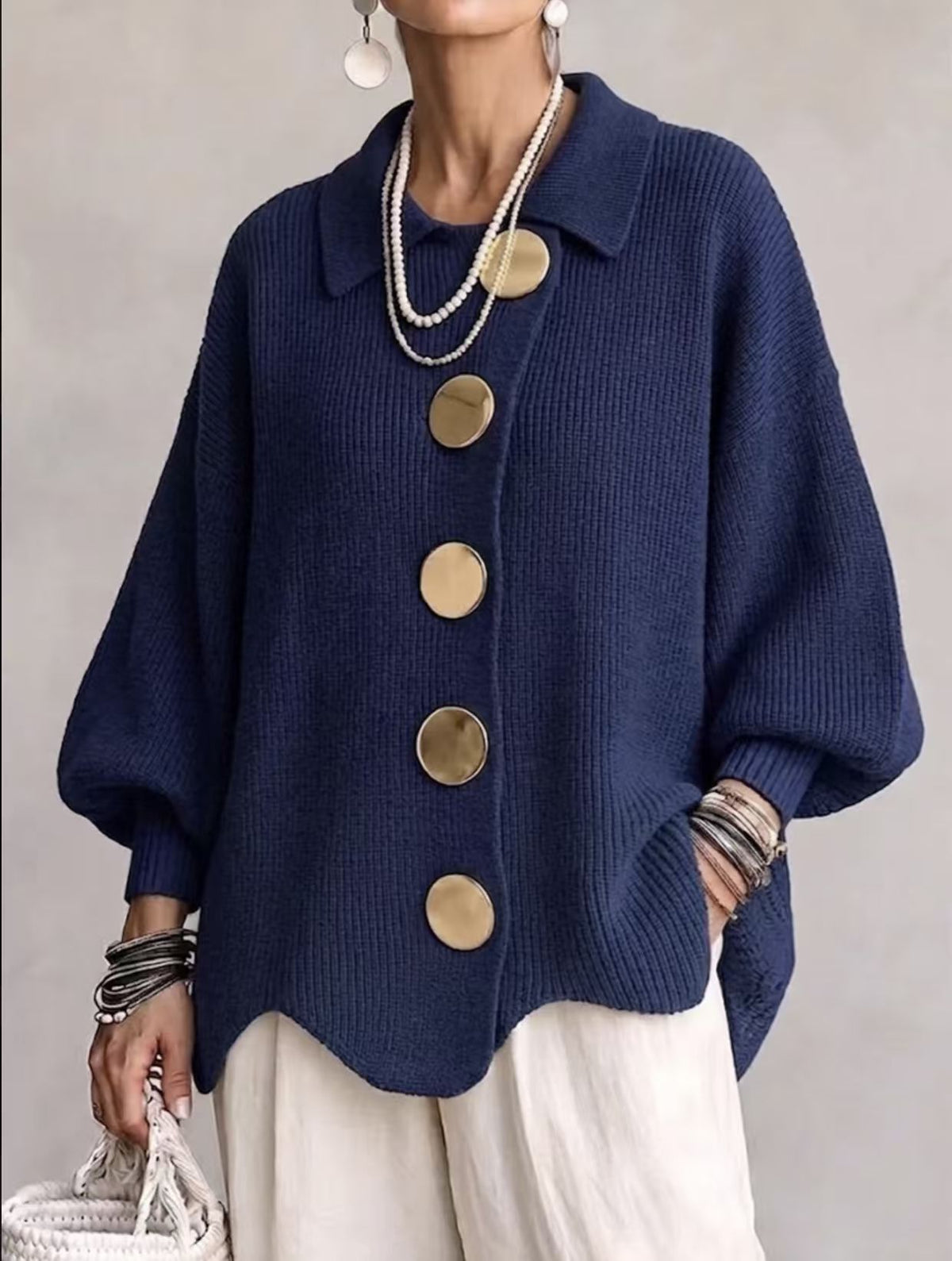 Women's button-down knit cardigan in blue with gold buttons