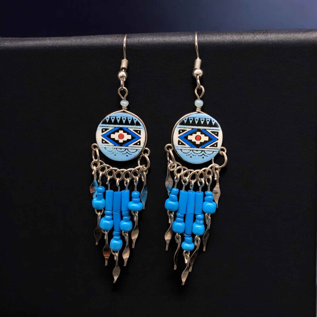 Blue Southwestern Round Shaped Dangle Earrings