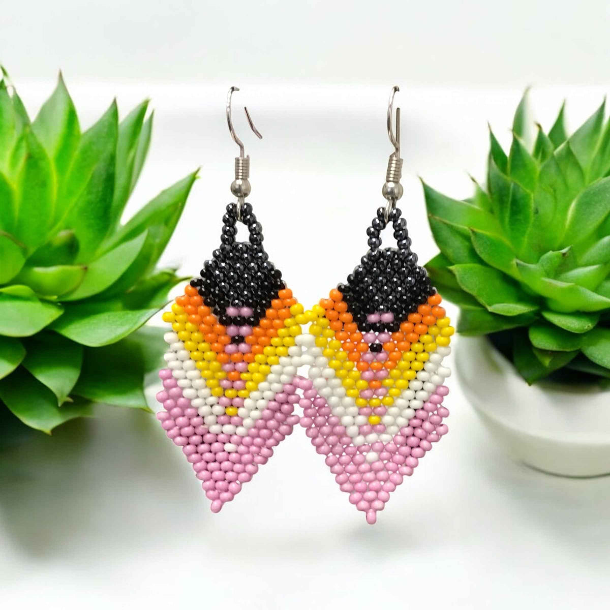 OldTribes™ pink and black Beaded Feather Drop Earrings