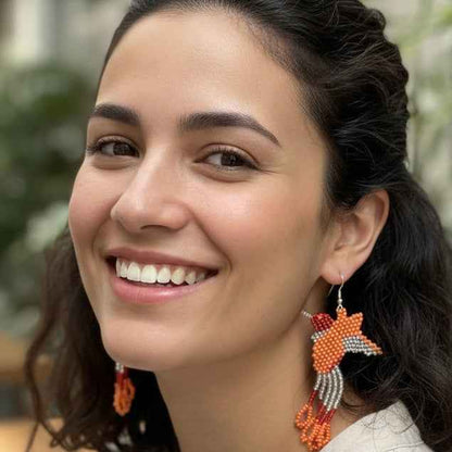 Handmade Beaded Hummingbird Earrings – orange /white