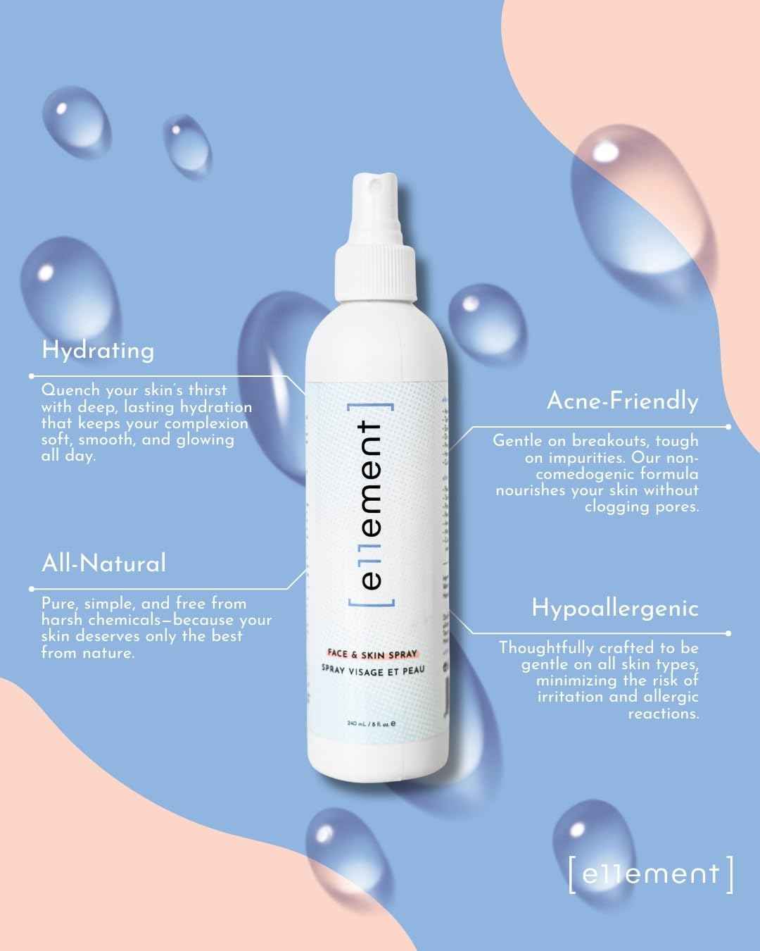 e11ement - Hypochlorous Acid All Natural Face and Skin Spray - Safe for All Skin Types - Acne Prone Skin - Dry Face, Skin, Scalp - Piercings & Tattoos Aftercare - Natural Saline Toner - Eye Lash Cleanser - Facial Cleanser - Soothes and Repairs Skin (Featu