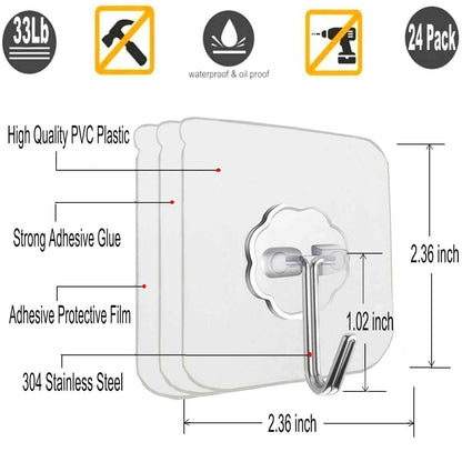 Jwxstore 24 Pack Wall Hooks for Hanging 33lb(Max) Heavy Duty Self Adhesive Hooks Transparent Waterproof Sticky Hooks for Keys Bathroom Shower Outdoor Kitchen Door Home Improvement Utility Hooks 🍁 All In One Marketplace Canada