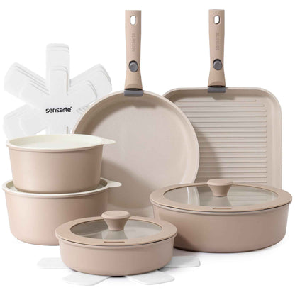 SENSARTE 17 Piece Ceramic Pots and Pans Set, Nonstick Detachable Handle Cookware, Induction Kitchen Cookware Set with Removable Handle, Dishwasher ＆ Oven Safe (Almond Beige) 🍁 All In One Marketplace Canada