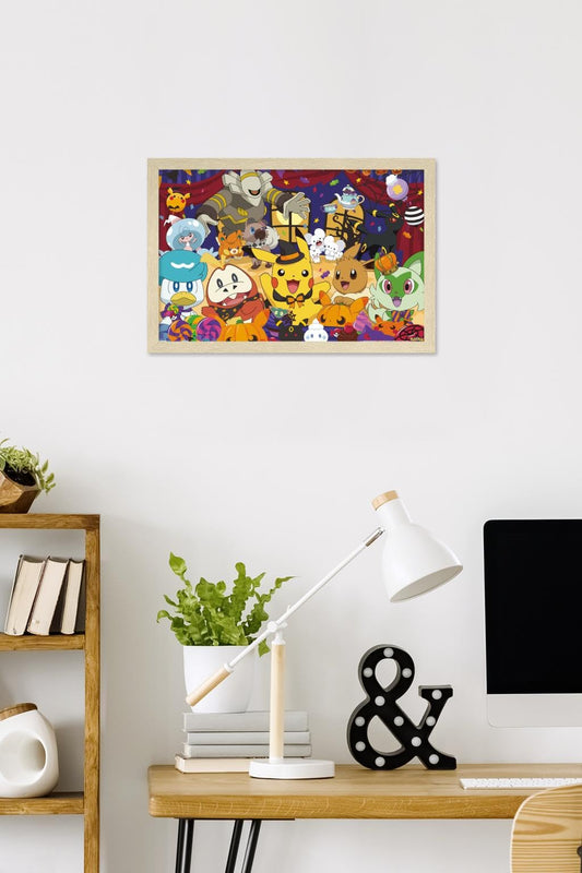 Pokémon: Halloween Party- Group Wall Poster, 22.4L" x 14.7W", Blonde Framed Version
