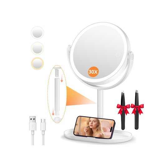 Auxmir 30X/1X Magnifying Mirror with Light, Double-Sided Makeup Mirror with Storage Base&Touch Control, Rechargeable Vanity Mirror with 360°Rotation for Dressing Table Bathroom Bedroom Travel 🍁 All In One Marketplace Canada