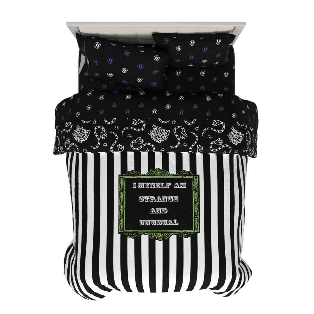 Franco Collectibles Beetlejuice Halloween Striped Bedding 5 Piece Super Soft Reversible Comforter and Sheet Set, Queen, (Officially Licensed Product)