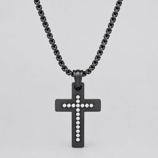 Men's Black Steel Cross Necklace with Stones. Rolo Chain Biker Pendant