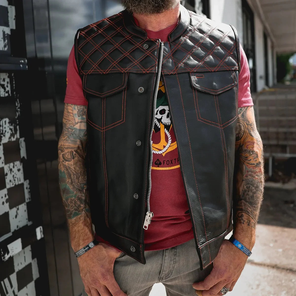 Open Road Men's Upside Leather Vest with Stitched Diamonds