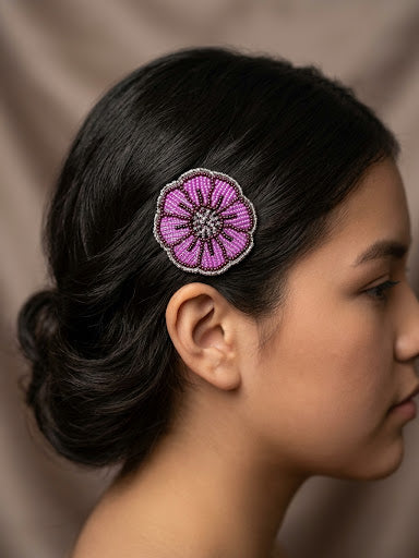 Purple Beaded Flower Barrette