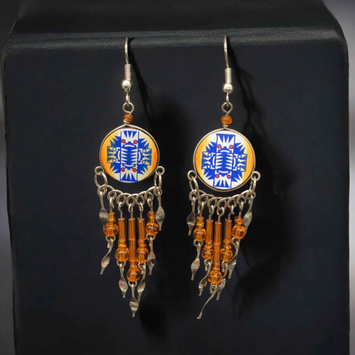 Orange and Blue Southwestern Round Shaped Dangle Earrings