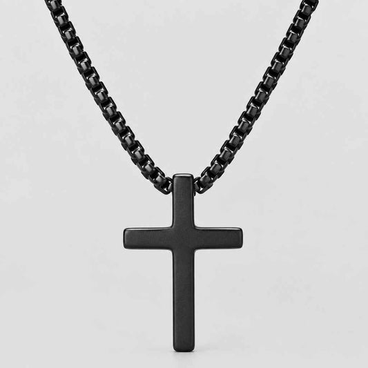 Men's Black Steel Cross Pendant Necklace Box Chain Biker Jewelry