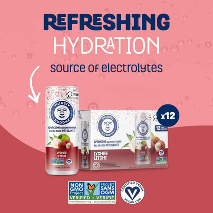 THIRSTY BUDDHA Sparkling Coconut Water with Lychee, No Added Sugar, Pure Coco Drink, Natural Fruit Flavour, Electrolyte & Nutrient-Rich, 12 Pack, (12/330ml) 🍁 All In One Marketplace Canada