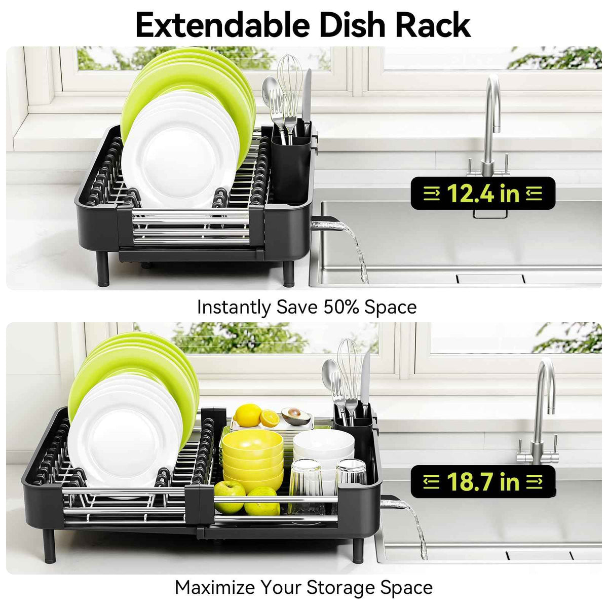 Urackify Extendable Dish Drying Rack, Dual Part Dish Drainers with Non-Scratch and Movable Cutlery Drainer and Drainage Spout, Adjustable Dish Rack for Kitchen,Black 🍁 All In One Marketplace Canada