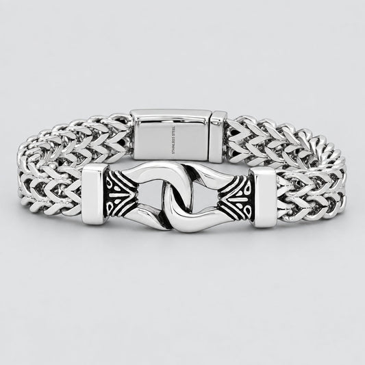 Men’s Stainless Steel Double Row Wheat Chain Bracelet. Biker Buckle Design